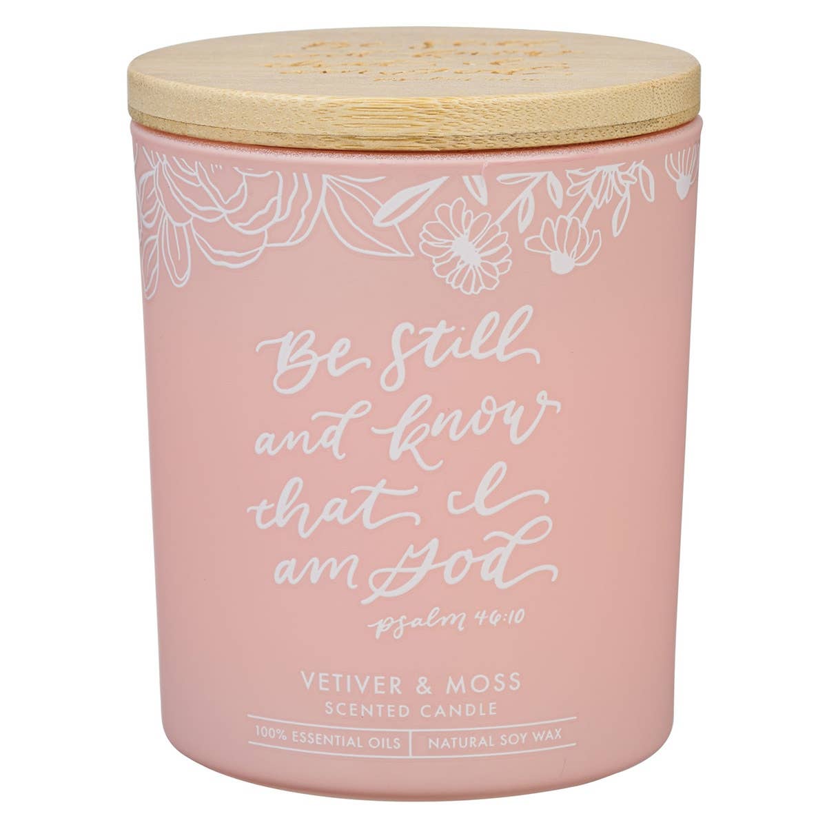 Glass Candle w/Bamboo Lid Pink Be Still Ps. 46:10